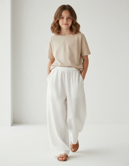 Pantalon Baggy Blanc Lin Ample Décontracté Élastique