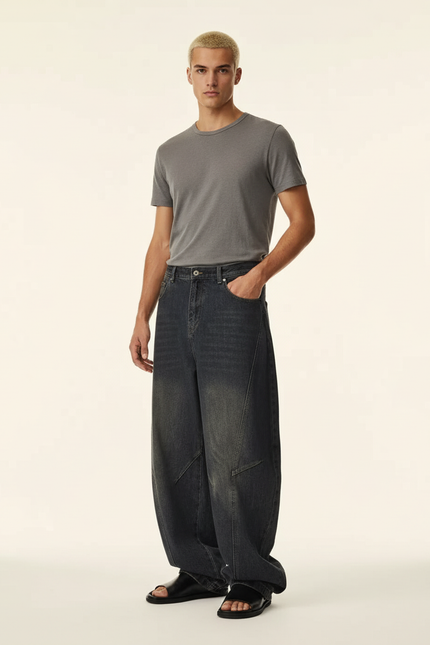 Pantalon Baggy Jean Délavé Ample Unisexe Streetwear - Gris