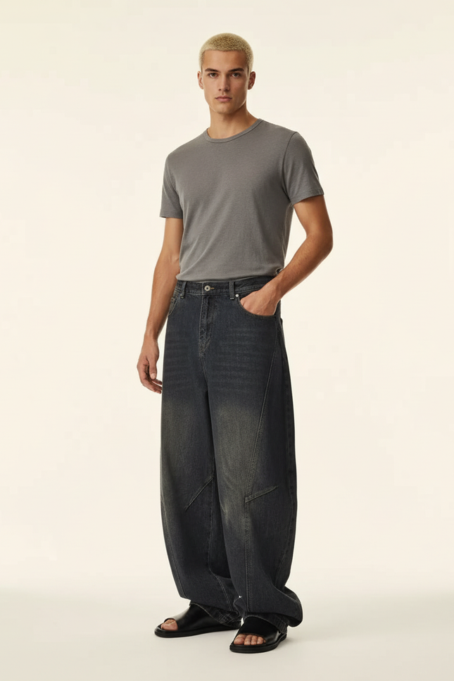 Pantalon Baggy Jean Délavé Ample Unisexe Streetwear - Gris