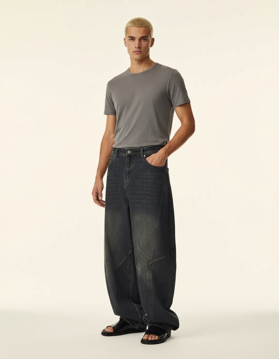 Pantalon Baggy Jean Délavé Ample Unisexe Streetwear - Gris