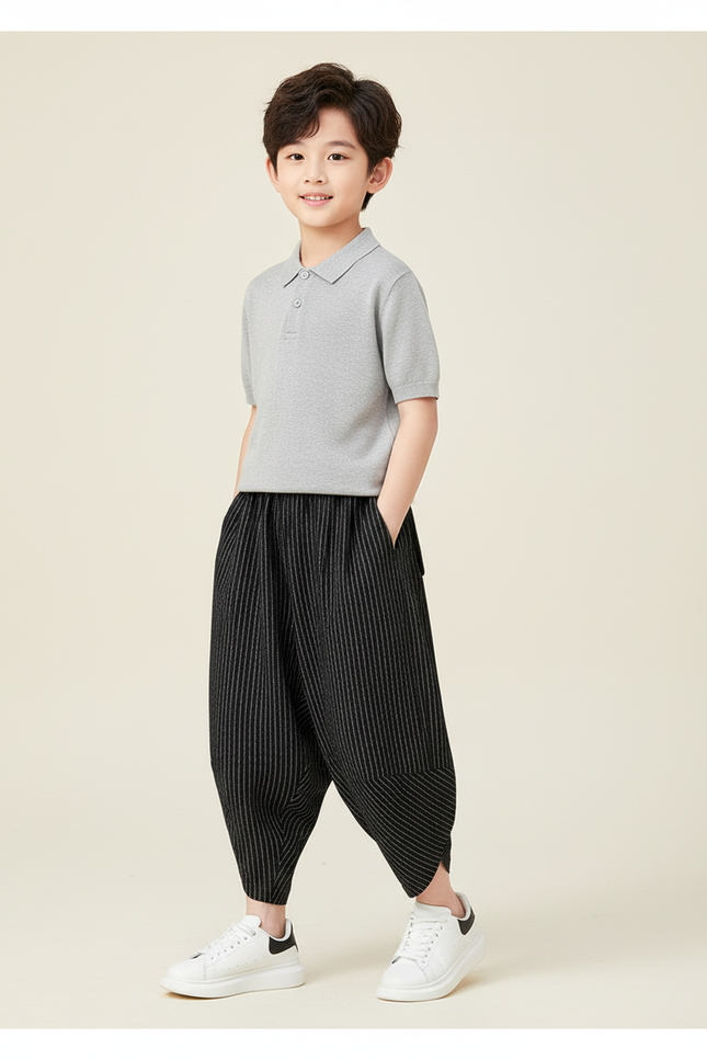 Pantalon Baggy Noir Rayé Ample Harem Enfant - Maille