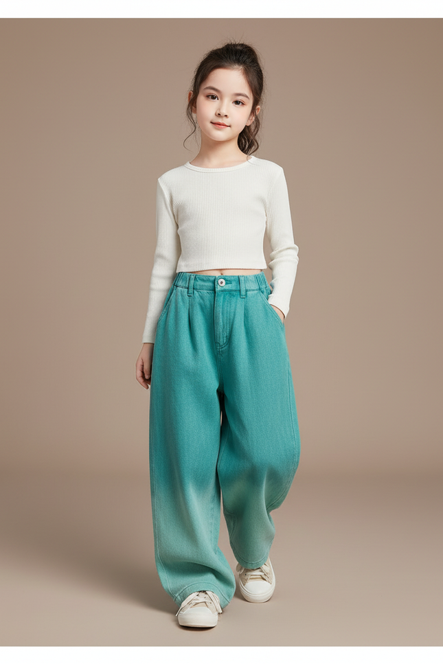 Pantalon Baggy Enfant Dégradé Large Streetwear Coton - Vert Jean