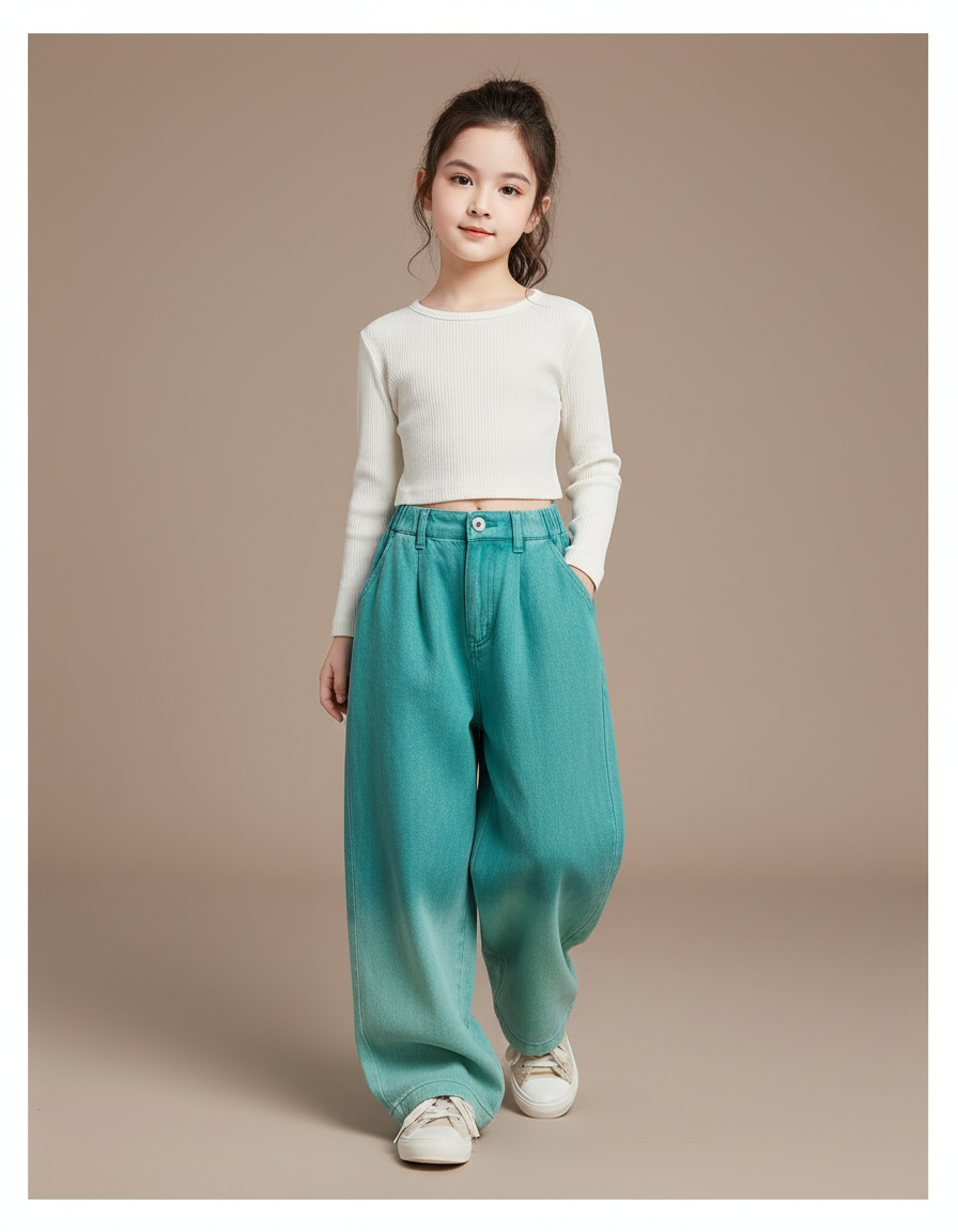 Pantalon Baggy Enfant Dégradé Large Streetwear Coton - Vert Jean