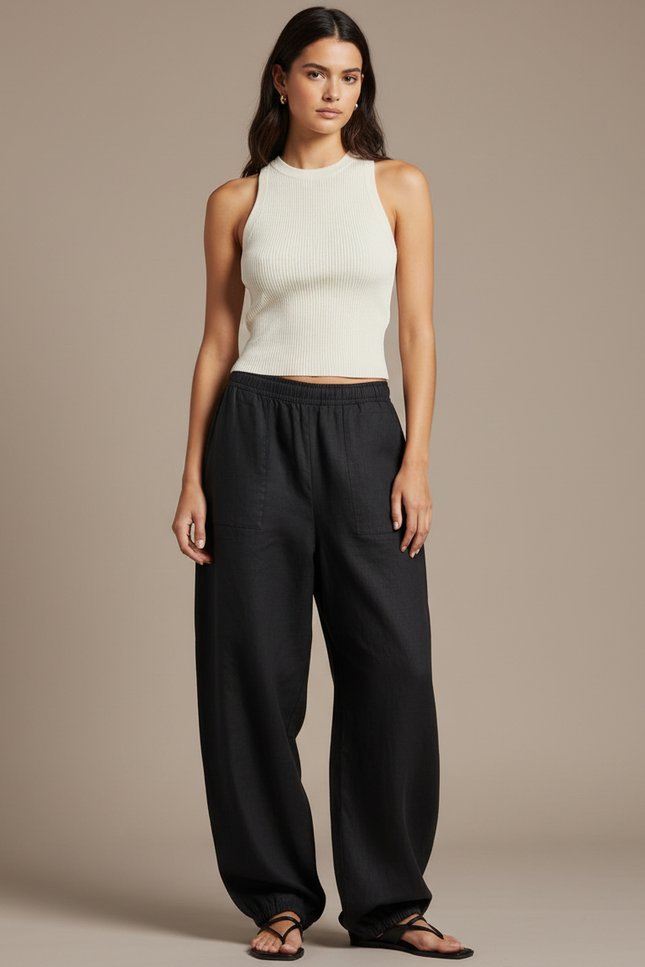 Pantalon Baggy Noir Lin Ample Taille Élastiquée Décontracté