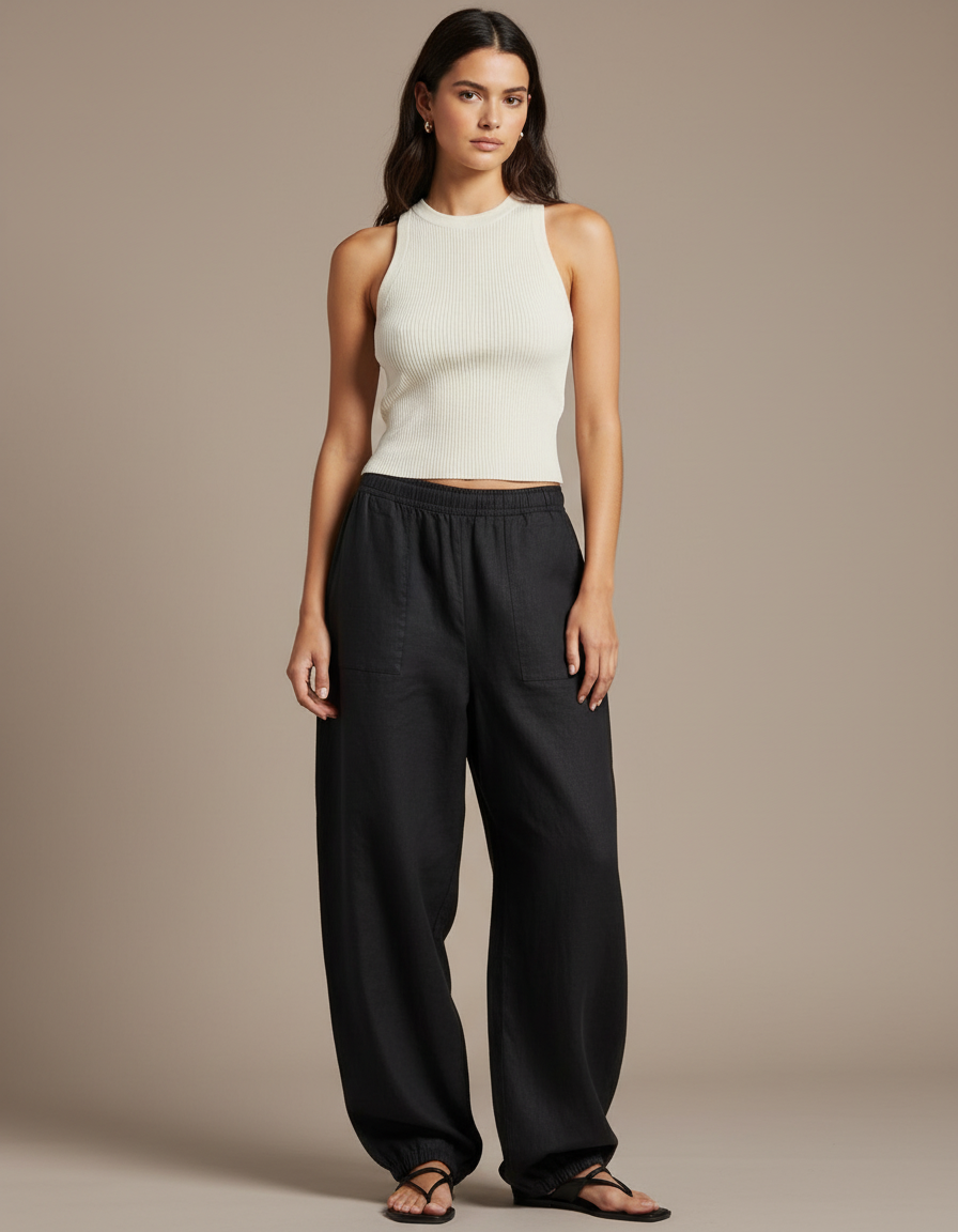 Pantalon Baggy Noir Lin Ample Taille Élastiquée Décontracté