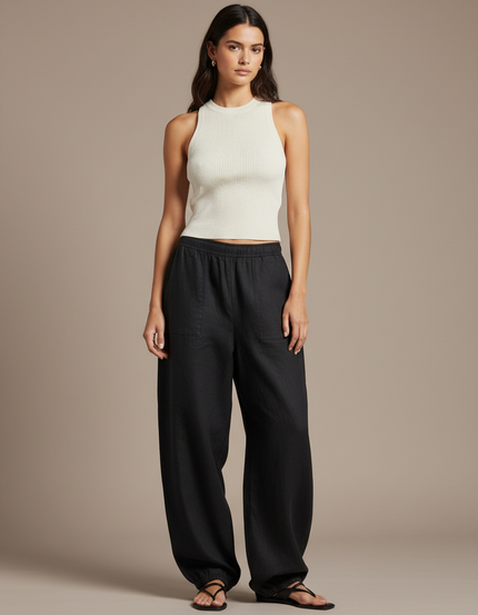 Pantalon Baggy Noir Lin Ample Taille Élastiquée Décontracté