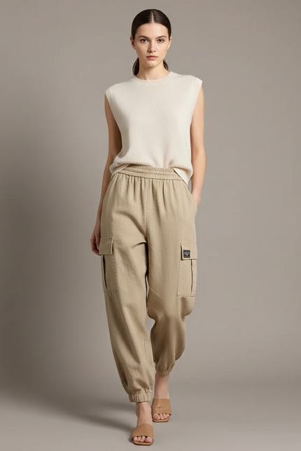 Pantalon Baggy Beige Cordon Cargo Femme Confortable - Toile