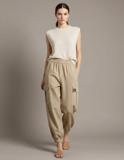 Pantalon Baggy Beige Cordon Cargo Femme Confortable - Toile