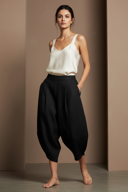 Pantalon Baggy Noir Lin Ample Harem Fluide Femme