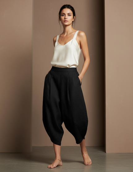 Pantalon Baggy Noir Lin Ample Harem Fluide Femme