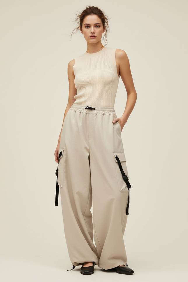 Pantalon Baggy Beige Ample Cargo Décontracté Femme - Polyester