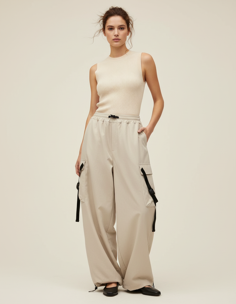 Pantalon Baggy Beige Ample Cargo Décontracté Femme - Polyester