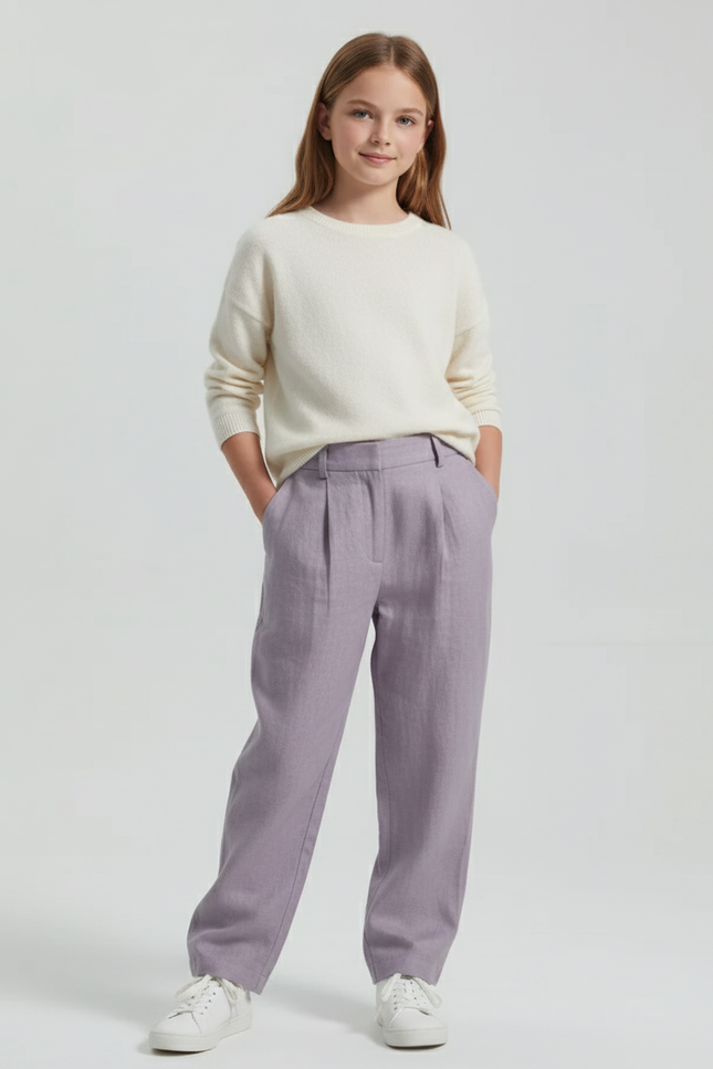 Pantalon Baggy Lilas Lin Plissé Ample Fille - Violet