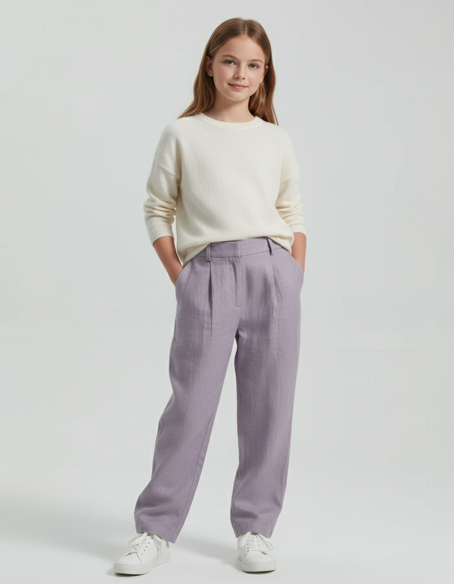 Pantalon Baggy Lilas Lin Plissé Ample Fille - Violet