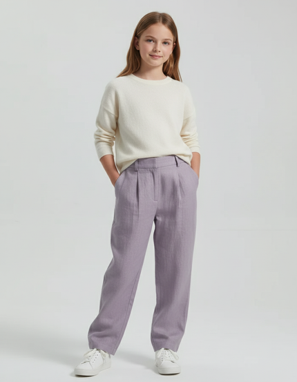 Pantalon Baggy Lilas Lin Plissé Ample Fille - Violet