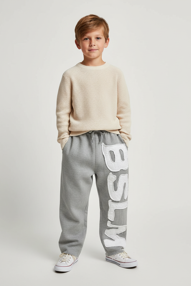 Pantalon Baggy Gris Ample Lettré Décontracté Coton Enfant - Molleton
