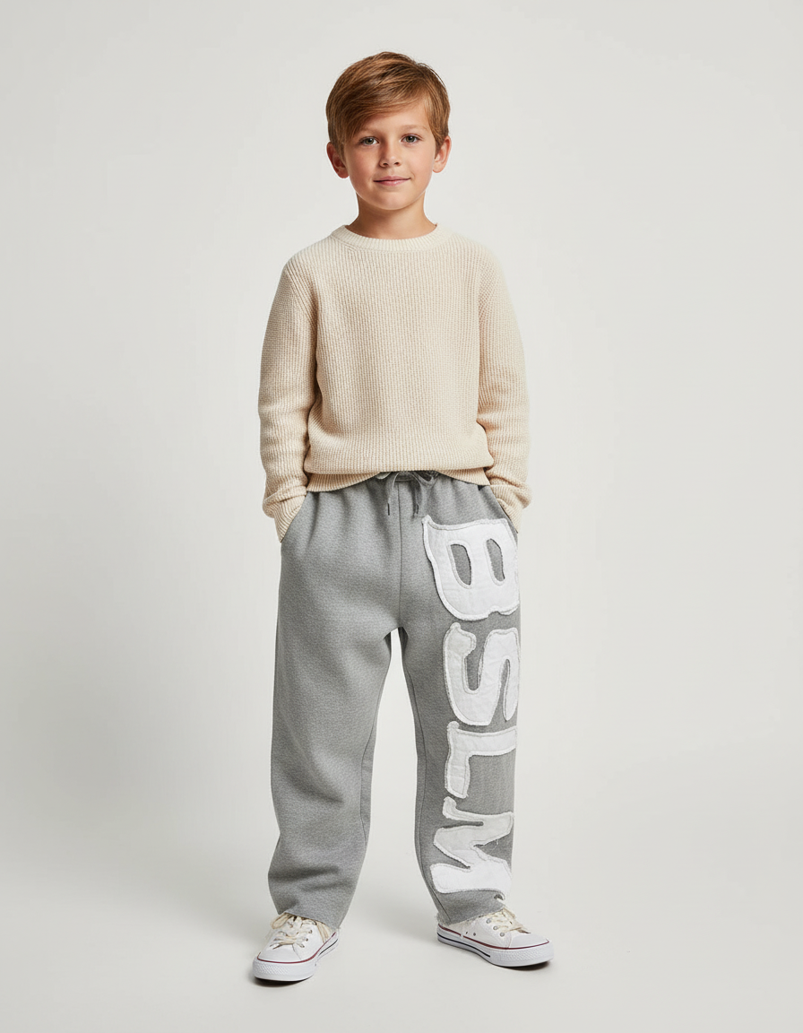 Pantalon Baggy Gris Ample Lettré Décontracté Coton Enfant - Molleton