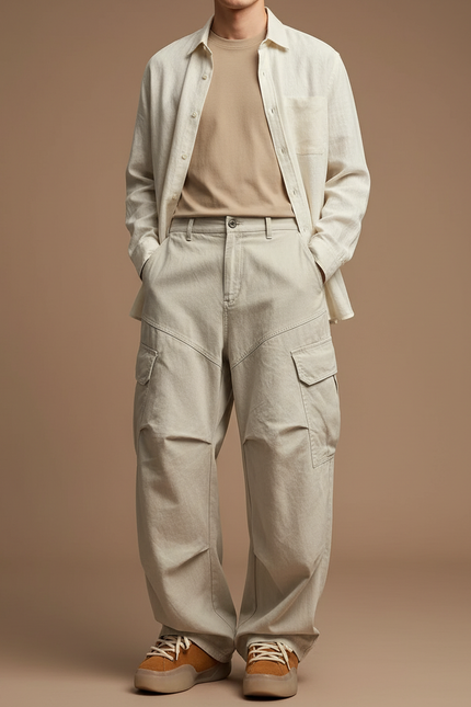 Pantalon Baggy Beige Cargo Ample Décontracté Homme - Toile