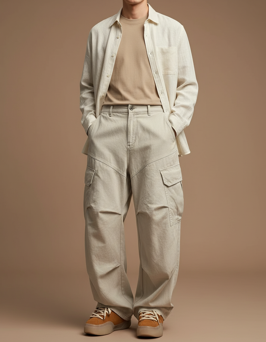 Pantalon Baggy Beige Cargo Ample Décontracté Homme - Toile