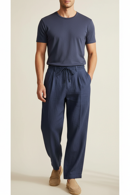 Pantalon Baggy Bleu Marine Lin Ample Cordon Homme