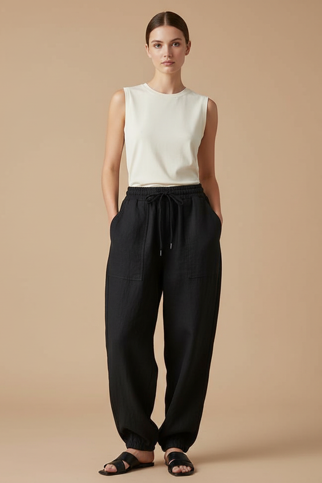 Pantalon Baggy Noir Lin Ample Cordon Confortable Femme
