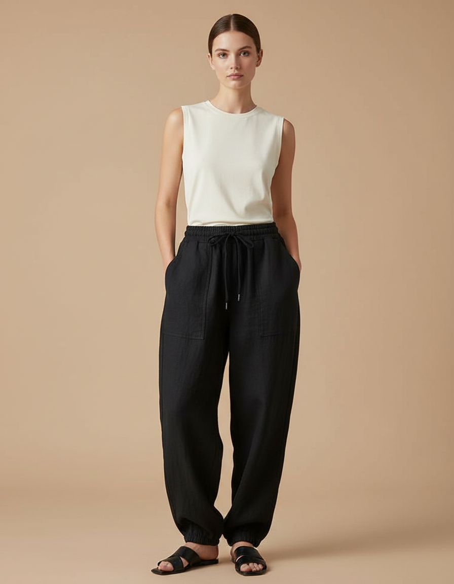 Pantalon Baggy Noir Lin Ample Cordon Confortable Femme