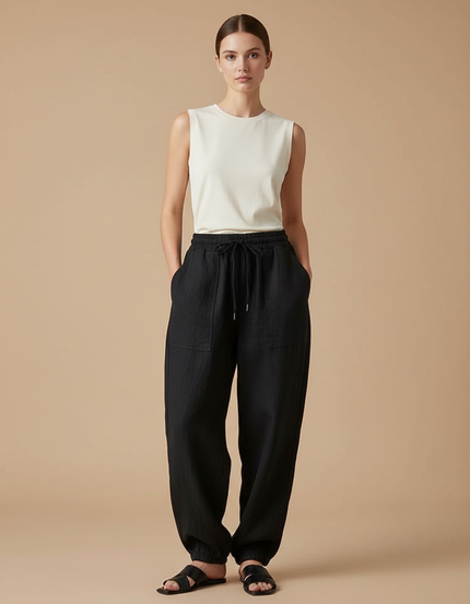 Pantalon Baggy Noir Lin Ample Cordon Confortable Femme