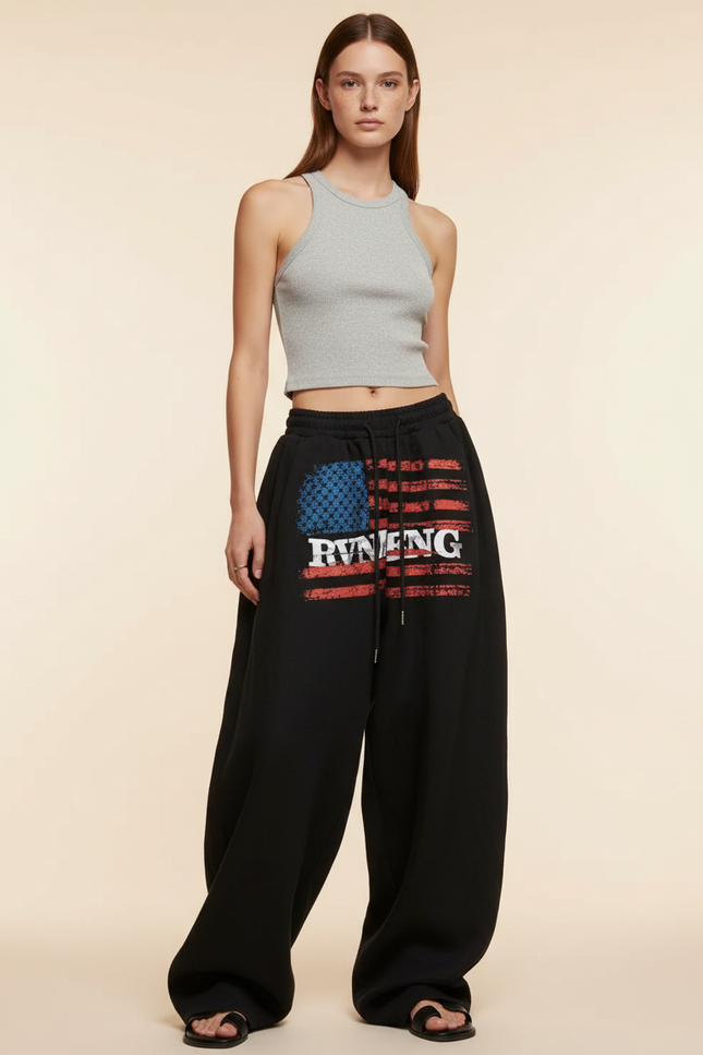 Pantalon Baggy Noir Ample Drapeaux Américains Décontracté - Molleton