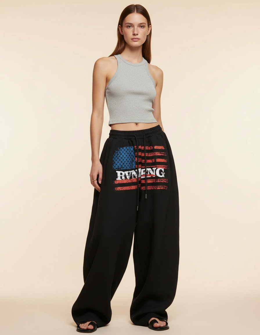 Pantalon Baggy Noir Ample Drapeaux Américains Décontracté - Molleton