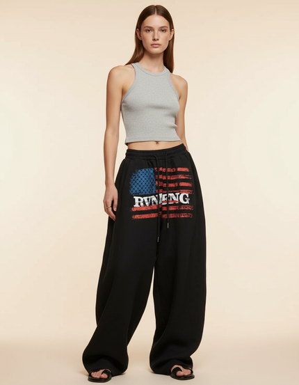 Pantalon Baggy Noir Ample Drapeaux Américains Décontracté - Molleton
