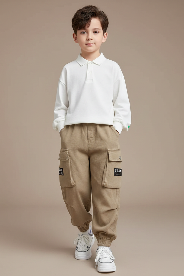 Pantalon Baggy Beige Cargo Enfant Décontracté Poches - Molleton