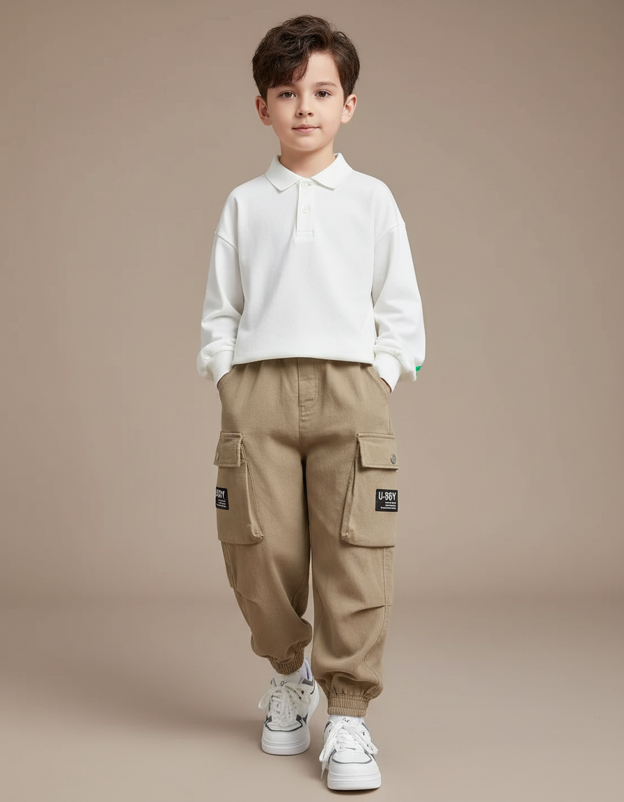 Pantalon Baggy Beige Cargo Enfant Décontracté Poches - Molleton