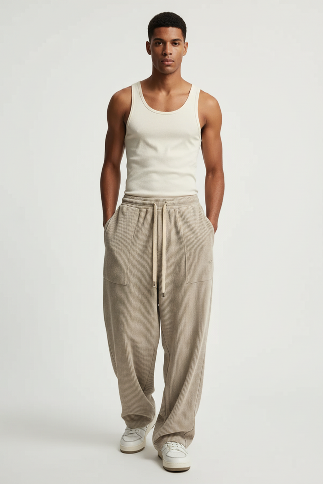 Pantalon Baggy Côtelé Beige Ample Décontracté Homme - Cordé