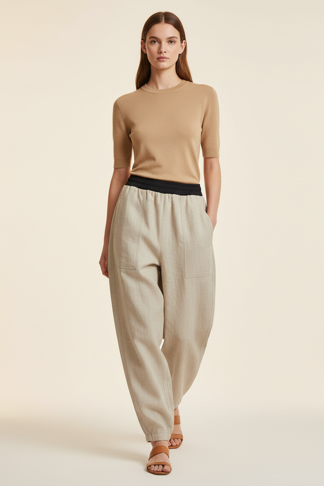 Pantalon Baggy Lin Beige Ample Décontracté Élastiqué