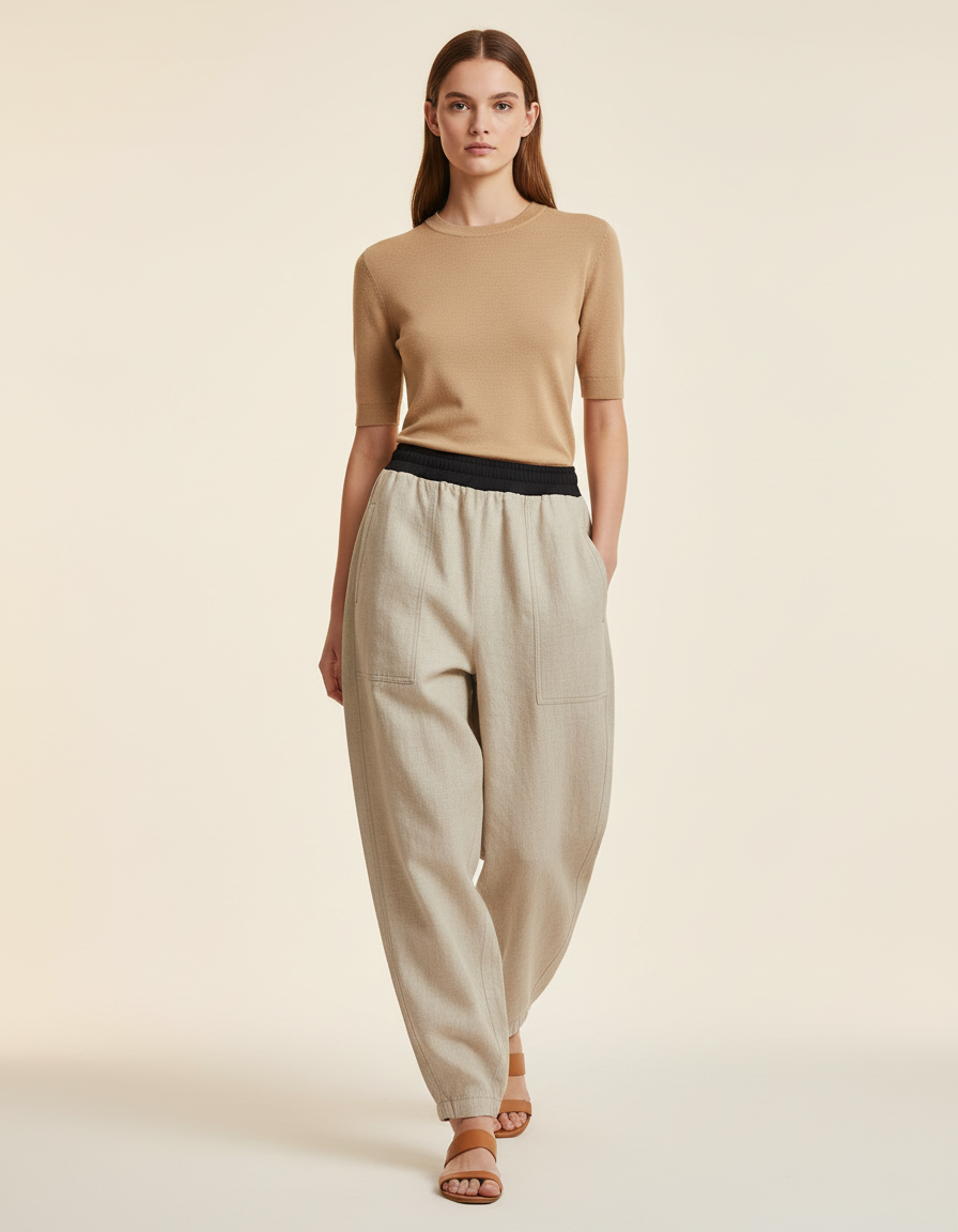 Pantalon Baggy Lin Beige Ample Décontracté Élastiqué