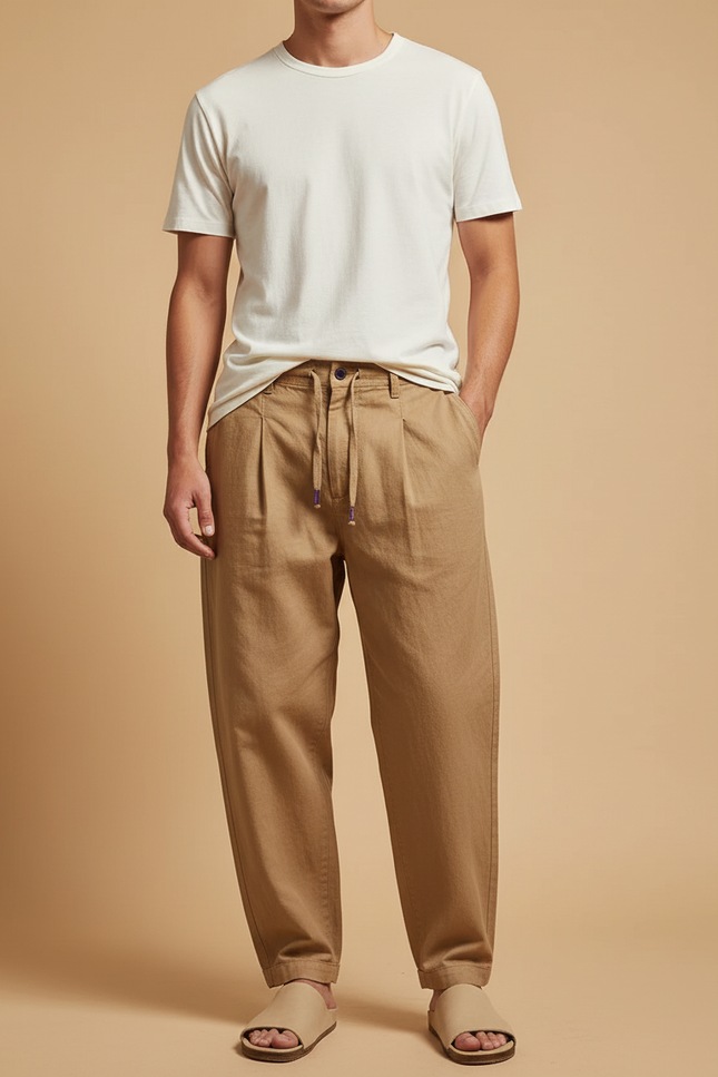 Pantalon Baggy Coton Plissé Décontracté Beige Homme - Lin