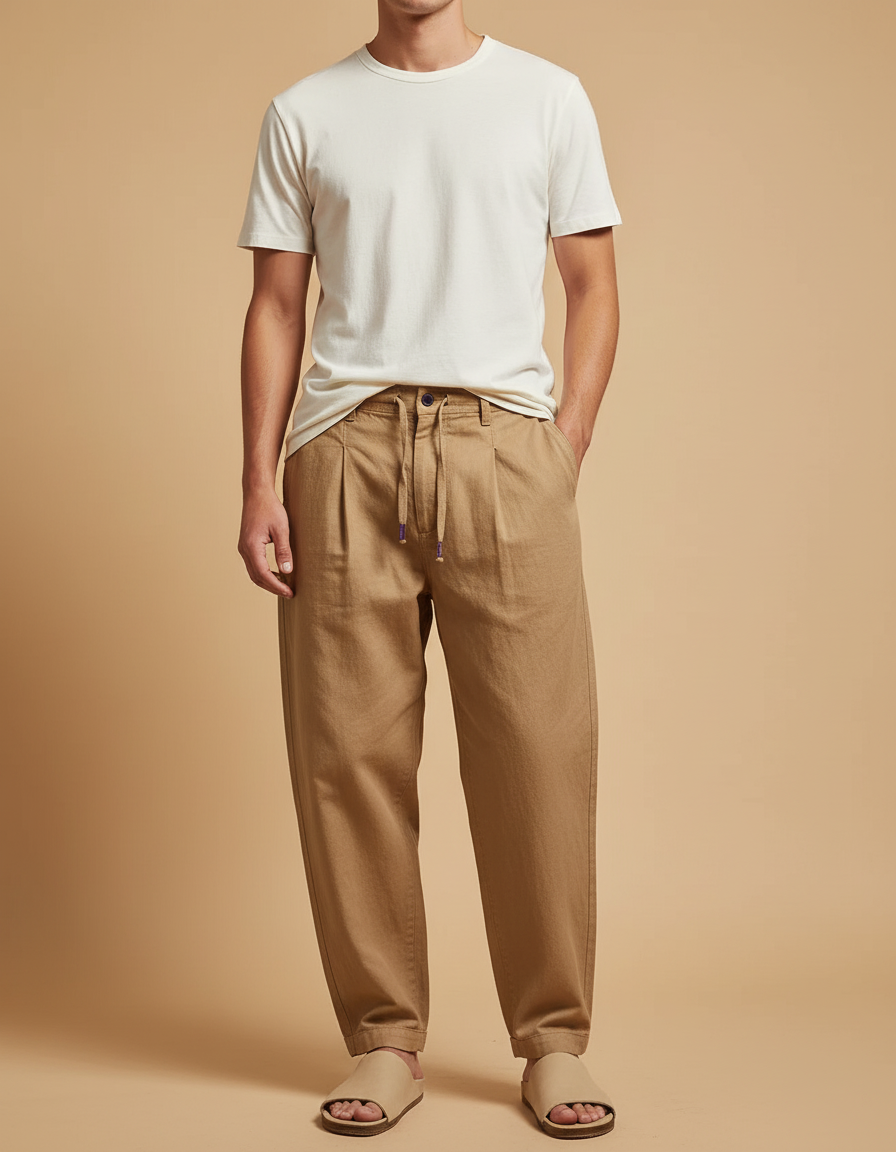 Pantalon Baggy Coton Plissé Décontracté Beige Homme - Lin