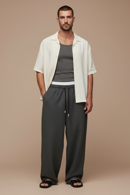 Pantalon Baggy Gris Foncé Ample Droit Cordon Décontracté - Molleton