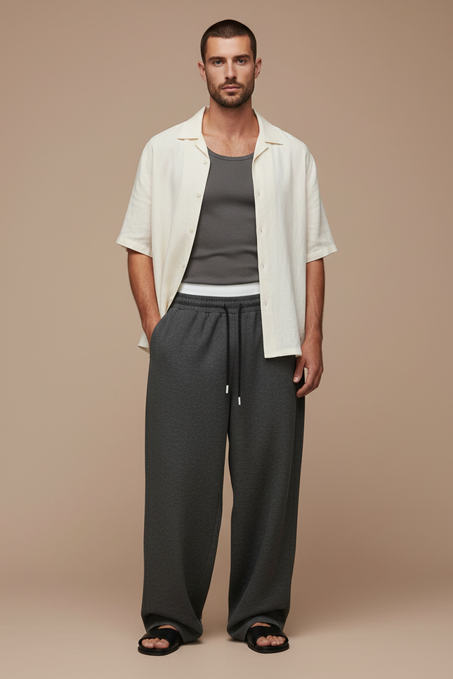 Pantalon Baggy Gris Foncé Ample Droit Cordon Décontracté - Molleton