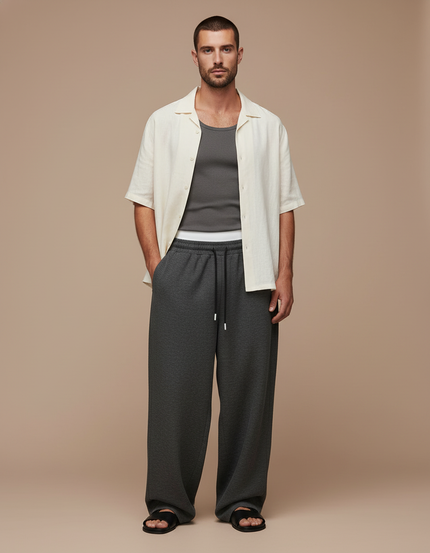 Pantalon Baggy Gris Foncé Ample Droit Cordon Décontracté - Molleton