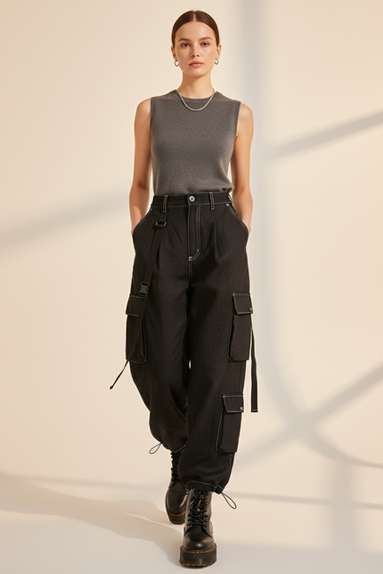Pantalon Baggy Noir Cargo Décontracté Surpiqûres Femme - Jean