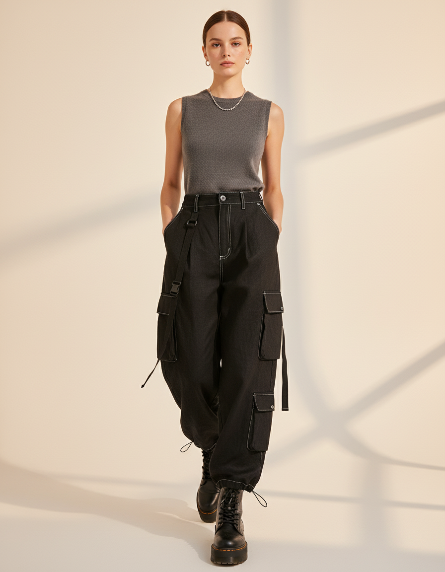 Pantalon Baggy Noir Cargo Décontracté Surpiqûres Femme - Jean