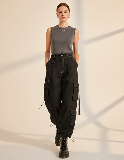 Pantalon Baggy Noir Cargo Décontracté Surpiqûres Femme - Jean