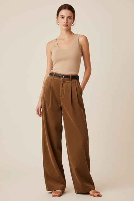 Pantalon Baggy Marron Côtelé Ample Taille Haute Élégant - Cordé