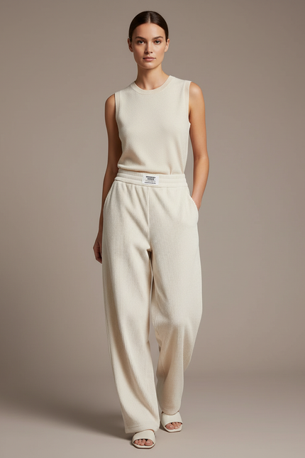 Pantalon Baggy Crème Côtelé Ample Confortable Femme - Beige Cordé