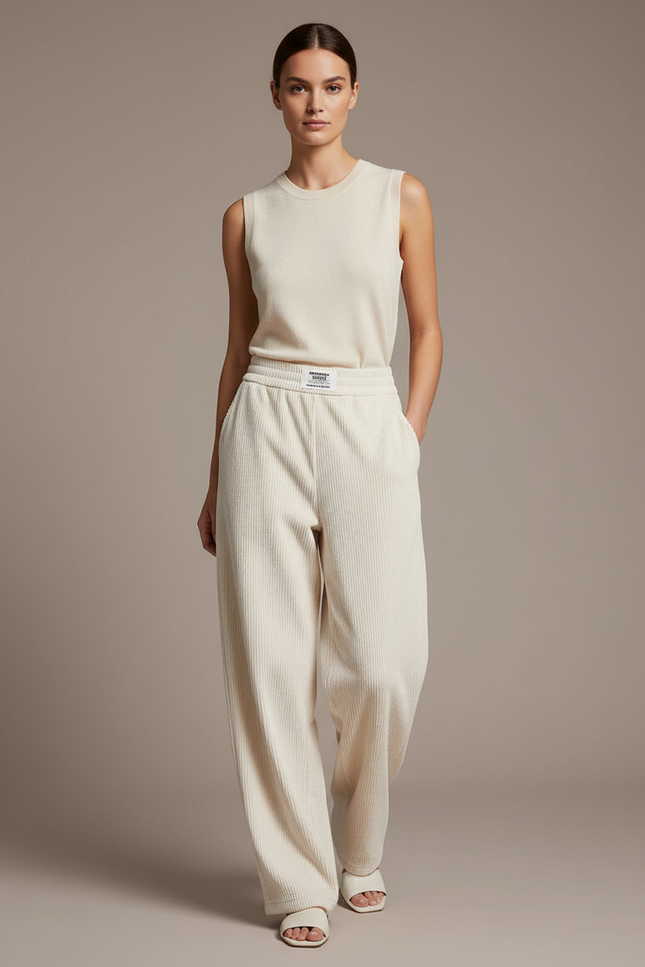 Pantalon Baggy Crème Côtelé Ample Confortable Femme - Beige Cordé
