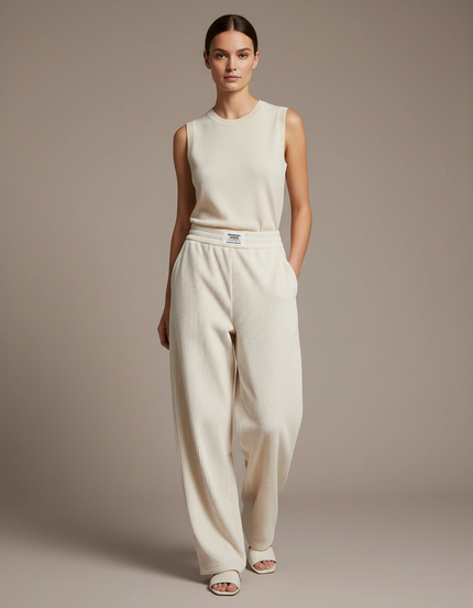 Pantalon Baggy Crème Côtelé Ample Confortable Femme - Beige Cordé