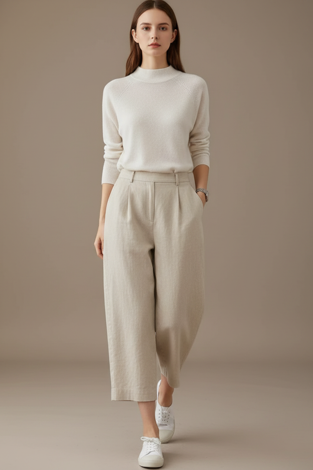 Pantalon Baggy Lin Ample Beige Court Décontracté Femme