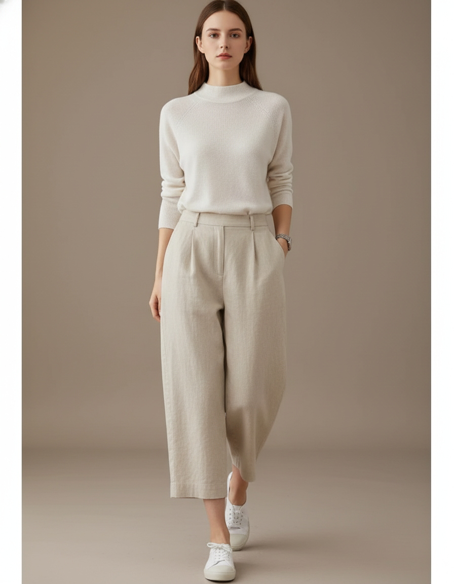 Pantalon Baggy Lin Ample Beige Court Décontracté Femme