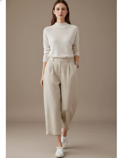 Pantalon Baggy Lin Ample Beige Court Décontracté Femme